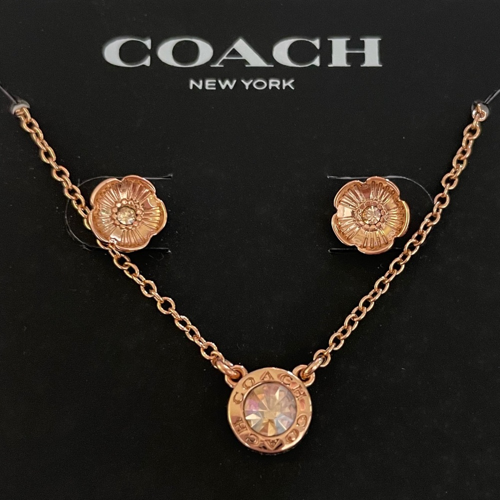 COACH Open Circle Necklace and Tea Rose Stud Set **NWT**
